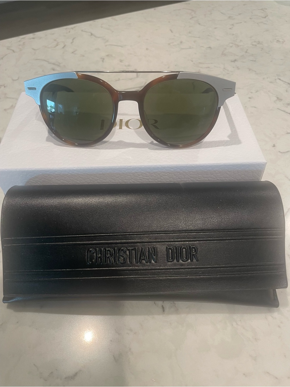 Dior Brown Frame Sunglasses with Silver Accents and Green Lenses